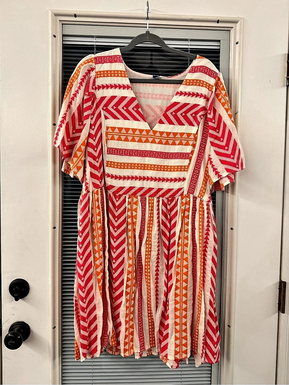Old Navy Vibrant Orange & Pink Geometric V-Neck Dress 2X